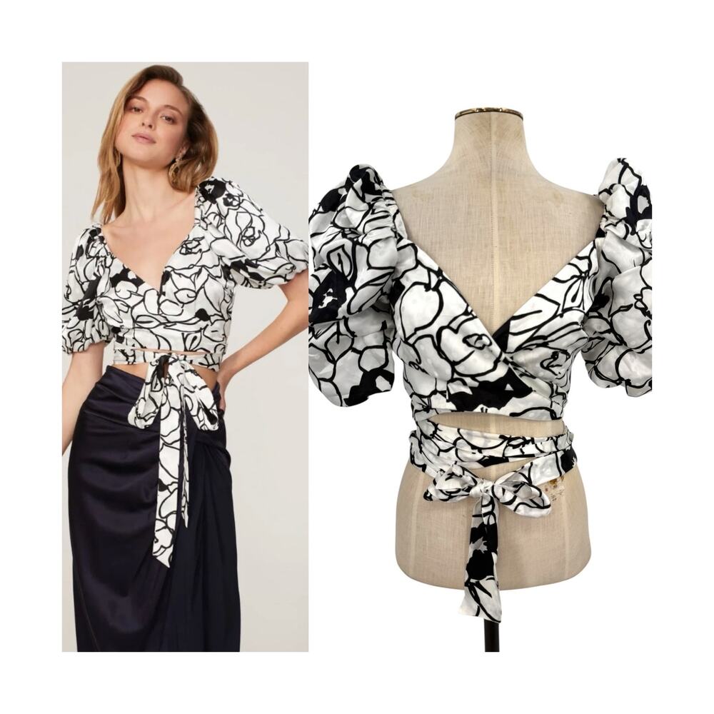 Ronny Kobo Zano Floral Noir Silk Wrap Puff Sleeve Crop Top Black White NWT M